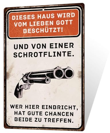 Putuo Decor Blechschild – Dieses Haus wird von Gott und Schrotflinte beschützt – Witziges Warnschild