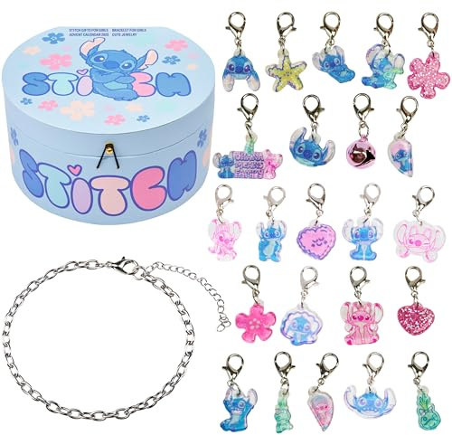Get Trend Disney Stitch Schmuck Adventskalender 2026 Kinder | Armband in Silberoptik & 23 Charms, 24 Türen, Weihnachts Countdown Kalender, Geschenke für Mädchen (Blau Stitch)