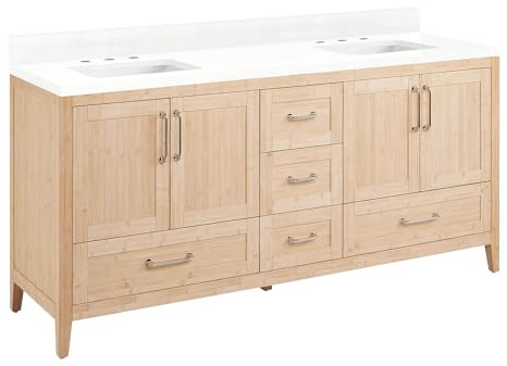 Signature Hardware 955154-72-RUMB-3 Arrietty 72 Freestanding Bamboo Double Basin Vanity Set with Cabinet, Vanity Top, and Rectangular Undermount Sinks - 8 Widespread Faucet Holes - Natural Bamboo /
