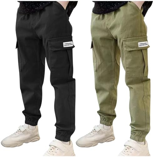 duxyoz 2 Pack Boys Cargo Trousers Kids Sweatpants with Multi Pockets Elastic Waist Sports Pants Durable Casual Cotton Trousers Solid Color Classic Streetwear Tapered Leg Running Joggers 9-10 Years