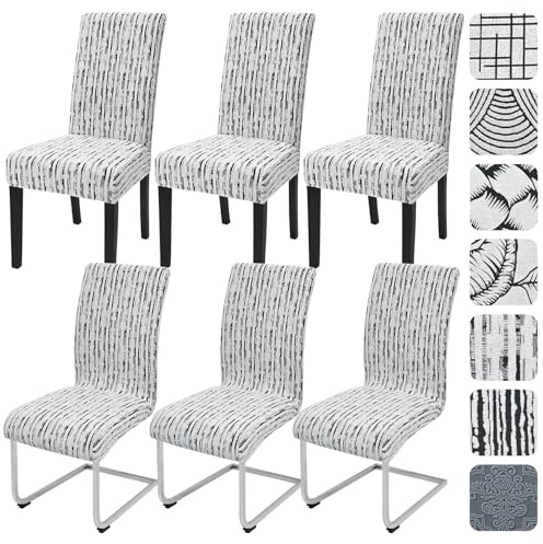 Alishomtll Stretch Stuhlhussen 6er Set Jacquard Stuhlbezug für Schwingstühle Universal Esszimmerstühle Bezug Waschbar Abnehmbar Stühle Schutz für Küche Bankett Hochzeit Party (Weiß Linie, 6pcs)