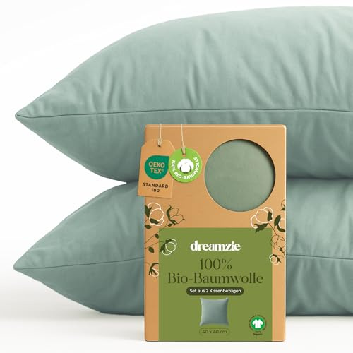 Dreamzie - Kissenbezug 40x40cm - 2er Set - 100% Bio-Baumwolle - Grün | GOTS & Oeko-Tex zertifiziert · mit Reißverschluss · Kopfkissenbezug & Kissenhülle · Jersey · atmungsaktiv · waschbar 60°C