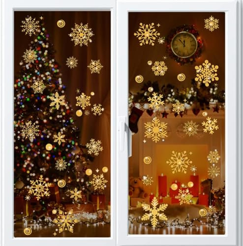 NoëL Decoration Stickers, Flocons de Neige Noël Autocollants, 147 pcs, Neige Amovibles Stickers, PVC Noël Autocollants Fenetre Sticker Flocons, doré(4 Feuilles)