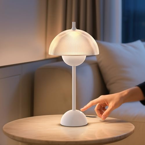 Tubicen Touch Dimmable Table Lamp Plug in Flowerpot DecorativeTransparent Striped Mushroom Bedside Table Lamp Modern Desk Lamp Small Ambient Night Light for Bedroom Living Room Dining Office