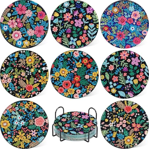 8 Stück Blumen Diamond Painting Untersetzer with Holder, Blumen Diamant Painting Untersetzer, 5D DIY Untersetzer Diamant Painting Bilder Klein für Anfänger, Erwachsene & Kinder 10x10cm