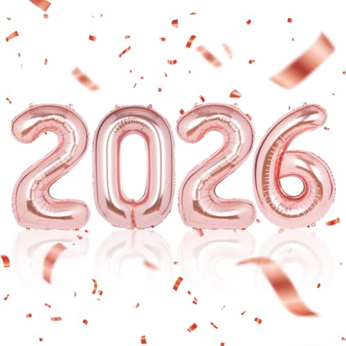 AOOSU Rosa Luftballon 2026 Silvester Deko, 40 Zoll Riesige Folienballon 2026 Zahlen Luftballons Happy New Year Dekoration 2026 Ballons für Neujahr, Jubiläum, Weihnachten, Abschlussfeiern