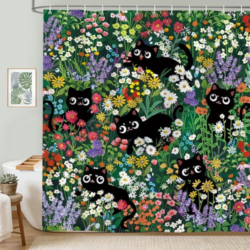 hometrixx Boho Duschvorhang Lustige Whimsical Katze Blumen 180x200 Schwarze | Wasserdicht Polyester, Maschinenwaschbar, Badevorhänge mit 12 Ringe, Schimmelresistent Badezimmervorhang für Dusche Bad