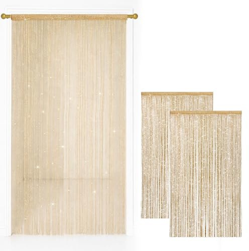 2 Pack String Door Curtains, 100 x 200 cm Glitter Fringe Panel Champagne