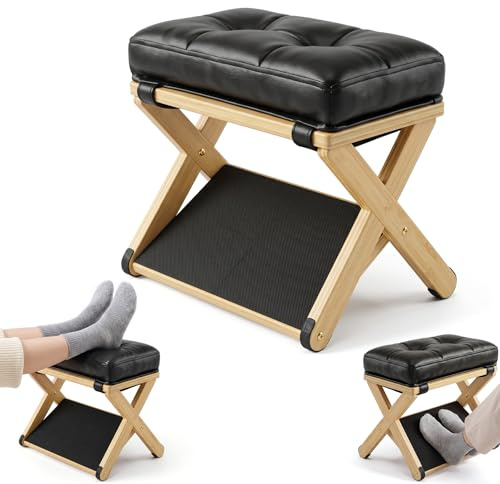 2-in-1 Fußstütze Schreibtisch Holz mit Abnehmbarem Weichem Kissen, Ergonomischer Fußhocker Trittstufe Tritthocker Fußablage Fußbank & Sitzhocker, Rutschfest & Stabil, für Home Office Arbeitszimmer