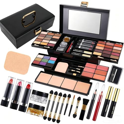 Kit de maquillage pour femmes et filles, kit de maquillage tout-en-un avec pinceau cosmétique, rouge à lèvres, palette de fards à paupières, blush, gel pailleté en rose, mallette de maquillage de