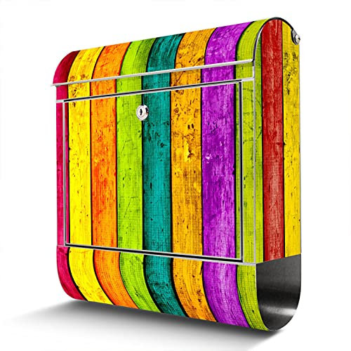 banjado® Briefkasten Edelstahl mit Motiv Bunte Holzlatten 38x43x12cm & 2 Schlüssel - rostfreier Edelstahl Briefkasten mit Zeitungsfach - Postkasten A4 Einwurf inkl. Montagematerial