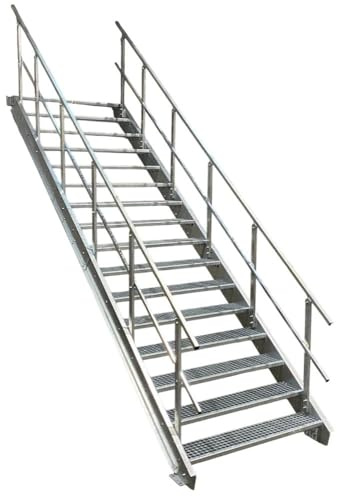 16 Stufen Stahltreppe mit beidseitigem Geländer/Breite 100cm Geschosshöhe 274-340cm / Robuste Außentreppe/Wangentreppe/Stabile Industrietreppe für den Außenbereich/Inklusive Zubehör