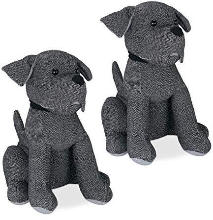 Relaxdays 2 x Türstopper Hund, dekorativer Türpuffer, für Boden, stehend, gefüllt, innen, 33 cm hoch, Stoff Türsack, grau