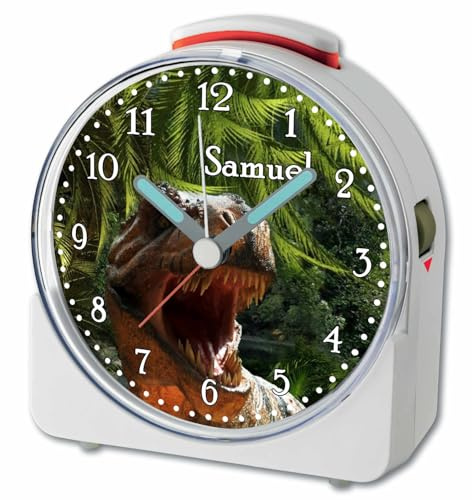 CreaDesign, WU-71-1124, T-Rex, analog Kinderwecker weiß, Funkwecker mit Sweep-Uhrwerk und fluoreszierenden Zeiger und Licht, personlisiert mit Namen, 10,2 x 4,6 x 11 cm