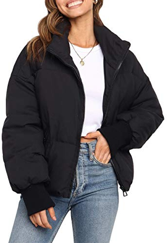 MEROKEETY Women's 2025 Winter Long Sleeve Zip Puffer Jacket Pockets Baggy Short Coats, Black, S