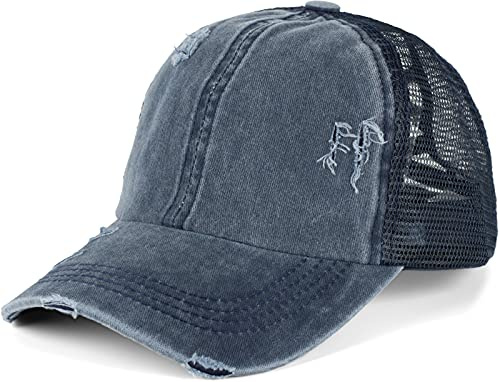 styleBREAKER Damen Ponytail Baseball Cap Used Look 6-Panel | Atmungsaktives Netzmaterial, Risse und Fransen. Elastische Kreuzbänder für hohen Zopf. Klettverschluss (54-59 cm Umfang).
