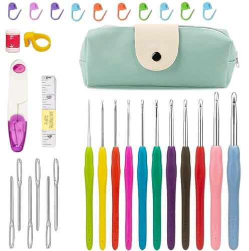 AidShunn 11PCS Crochet Hook Set, Ergonomic Crochet Hooks Kit 2mm-8mm for Beginners, Complete Knitting & Crocheting Supplies with Storage Bag, Tapestry Needles, Stitch Markers, Scissors, Tape Measure