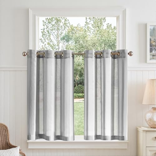 TOPICK Voile fönstergardiner med öljetter H 60 x B 90 (cm) set om 2 transparent bistrogardin lantlig stil, ränder, köksgardin, randiga, köksgardiner, moderna för vardagsrum, litet fönster, grå