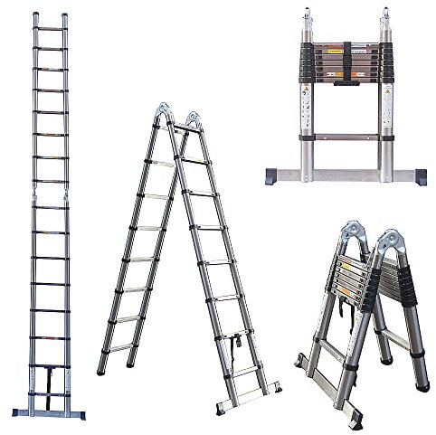 Échelle Télescopique 5M, A-Frame Escabeau Telescopique Pliant en Acier Inoxydable, 2 en 1 Multifonction Echelle Pliable Extensible, Charge Max 300 lbs, 2,5M + 2,5M