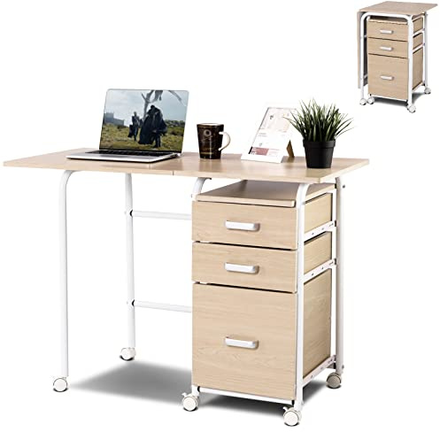 COSTWAY 2-In-1 Folding Desk with 3 Drawers (Oak, 105 x 50 x 75 cm)