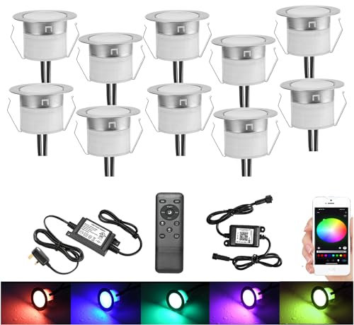 GEYUEYA Home WiFi Led Decking Lights-Ø45MM RGBW (RGB+Warm White) IP67 12V Decking Patio Lighting Led Plinth Light Decoration for Terrace/Patio/Path/Garden/Decoration-10 Pack