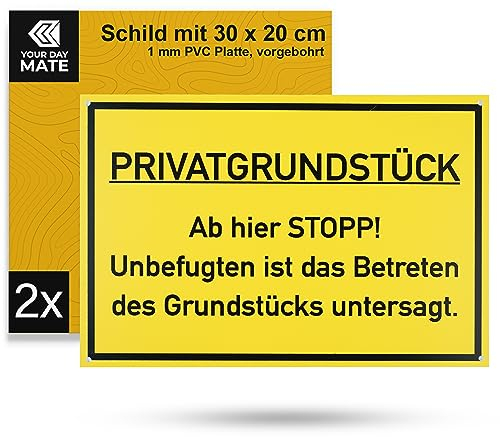 Hinweisschild PRIVATGRUNDSTÜCK - Ab hier STOPP!, 2 Stück, 30 x 20 cm, 1 mm starkes PVC Schild mit Bohrlöchern, Schilder Grundstück betreten untersagt, Achtung Unbefugte hier verboten Warnhinweis