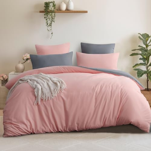 Aisbo Double Size Duvet Cover Set - 3Pcs Reversible Bedding Bed Set Peach Pink and Grey Double Soft Brushed Microfiber Quilt Cover with 2 Pillowcases 50x75cm