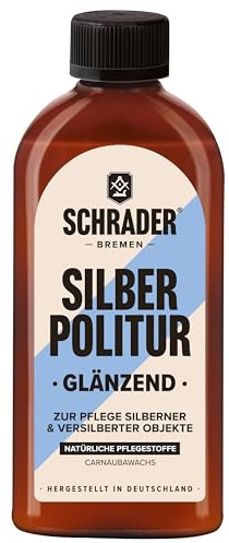 SCHRADER - Pulidor para plata brillante – Cuidado de plata para pulir, como limpiador de plata para eliminar puntos de deslustre, abrillantador con cera de carnauba, 250 ml, fabricado en Alemania