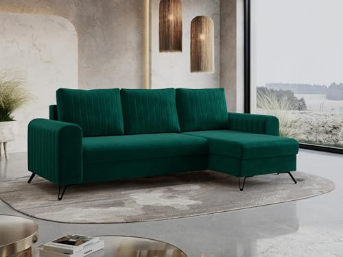 MKS MEBLE Wohnlandschaft Axel – Ecksofa L-Form universal, beidseitig montierbar (Links/rechts), Schlafsofa mit Bettkasten und Schlaffunktion, Couch mit Schlaffläche - Grün Velvet (Monolith 37)