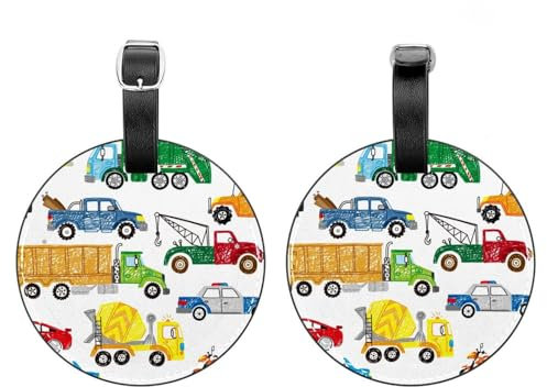 2 Packungen Gepäckanhänger, Doodle Auto Taxi LKW Fahrzeuge Drucke Runde Leder Reise Koffer Etiketten mit Privatsphäre Name Adresskarte