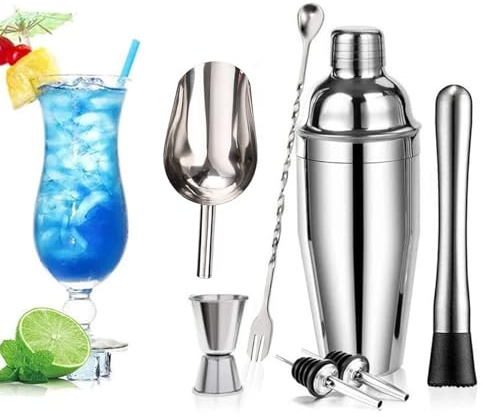 Cocktail Shaker Set, 750 ML Stainless Steel Cocktail Mixing Set with Stainless Steel Shaker, Jigger, Pourers, Strainer, Muddler, Bar Spoon & Ice Scoop, 7 Pieces Bar Tool Kit for Christmas,Anniversary