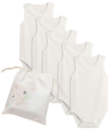 Biorganic Ärmellose Baby-Bodys aus Bio-Baumwolle - 5er Pack für Jungen und Mädchen - Mit Druckknöpfen und Süßem Stoffbeutel - Ecru