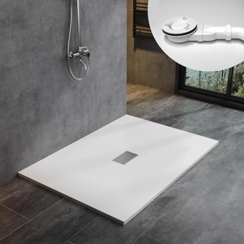 WITEN&NOCK SMC Duschwanne 120x100cm weiß Brausewanne Duschtasse 3,2cm extra flache Steinoptik Antirutsch inkl. Edelstahl Abdeckung und Ablaufgarnitur Ø90mm Siphon