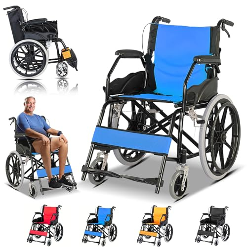 Bueuwe Faltbar Leicht Rollstuhl, Klappbar Transportrollstühle für Behinderte and ältere, Sitzbreite 44.5 cm, Belastbarkeit 150 kg, Ultraleicht Reiserollstuhl,Transportrollstuhl,Blau