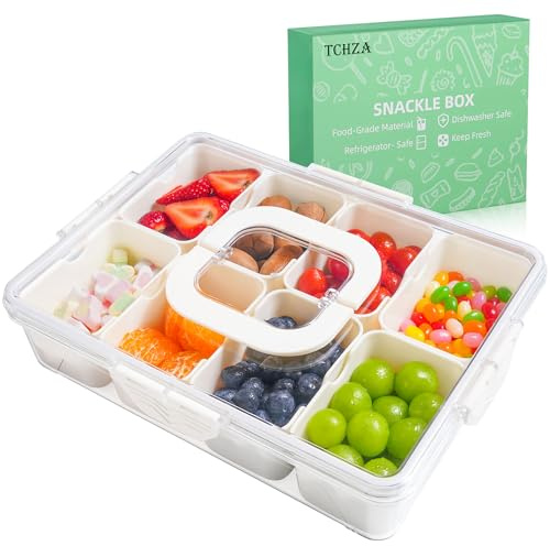 TCHZA Snackle Box Container, Dishwasher Safety - Divided Serving Tray with Lid and Handle, Charcuterie Board for Portable Snack Platters - Clear Organizer for Fruits Snacks,Perfect for Road Travel