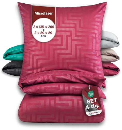 BaSaTex Mikrofaser Bettwäsche im Prägedruck 4 teilig 2X 135x200 + 2X 80x80 | mit Reißverschluss | Allergiker geeignet und ÖkoTex Zertifiziert | Labyrinth Bordeaux Rot