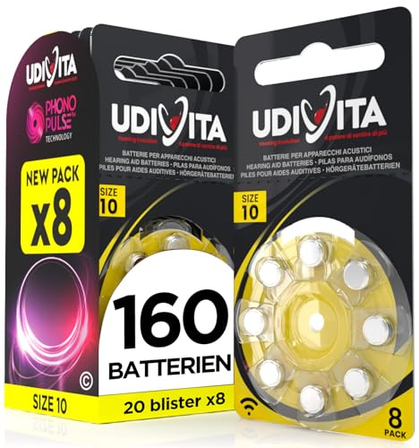 160 Batterien für Hörgeräte Udivita Größe 10 PR70 (Gelb) Zink-Luft Hearing Evolution mit Phono Pulse Technologie - 20 Blister mit 8 Batterien