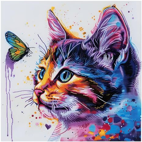 Xinpinzhou Kit Punto Croce Gatto, Schemi Quadri Set Ricamo Punto Croce Kit da Ricamare Principianti Starter Prestampato Stampato Completo Bambini Animale Cross Stitch Embroidery Ricami 40 x 40 cm
