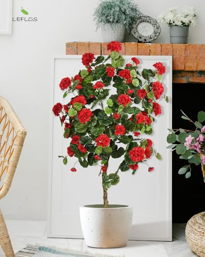Leflos 130cm Rot künstlicher Begonien-Blumenbaum, realistische Malus spectabilis Blumenpflanze Topfblütenbaum in weißem Topf für Haus Innendekoration