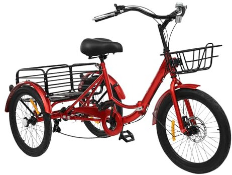 Akuoyiexemye 20 Zoll Faltbares Dreirad für Erwachsene 7-Gang 3 Rad Fahrrad mit Einkaufskorb und Schloss, Höhenverstellbar Cityräder Tragfähigkeit 130kg (Rot)