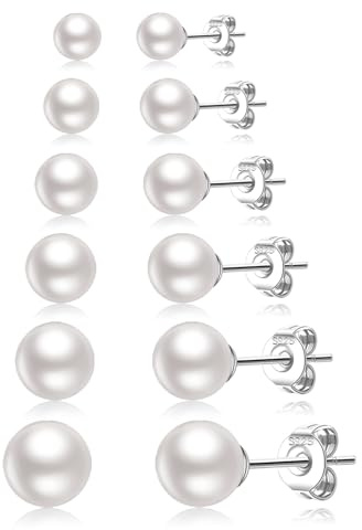 LOUMILEO 6 Paar Perlenohrringe Set,Hypoallergene Perlen Ohrringe 925 Silber,Mini Silber 925 Stecker Ohrringe für Damen & Herren(3-10mm)