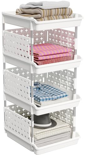 Lifewit Wardrobe Storage Clothes Organiser, 3 Tier Closet Storage Basket Rack for Wardrobe, Bedroom, Bathroom, Cupboard Organiser Shelves, White, 35 x 30 x 54 cm