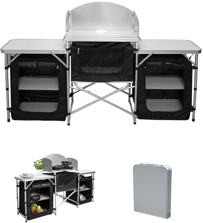 Hebitod Campingküche, Klappbare Campingschrank mit Spritzschutz Tragetasche, Ink. Camping Möbel | Outdoor Camping Küche| mit Aluminiumgestell | Reiseküche | Küchenbox,600D Schwarz
