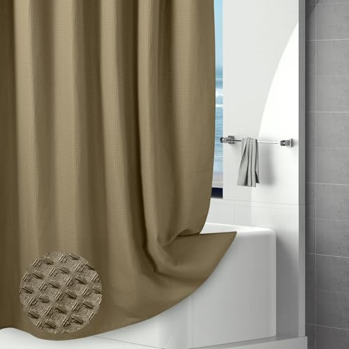 VANZAVANZU Hotelstil Waffel Duschvorhang 183x183cm, Wasserdicht & Waschbar, Schwerer Stoff Duschvorhang Textil mit Beschwerter Saum, Schimmelresistent Badevorhang für Dusche und Badewanne, Khaki