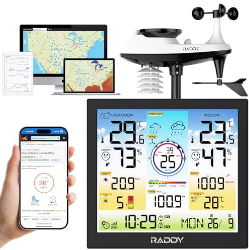 Raddy WF-120C Professional Wi-Fi Weather Station Wireless, Indoor Outdoor Temperature & Humidity Monitor with 10 Digital Color Display, Rain Gauge, Wind Speed, Weather Forecast, UV & Light Index
