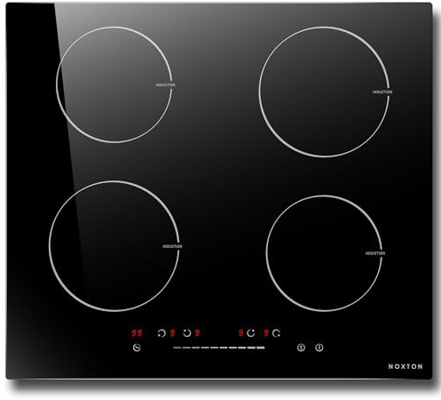 NOXTON Placa de inducción 4 fuegos, empotrable, 60 cm, 7400 W, función boost, autosuficiente, con control táctil, 9 niveles de calor, temporizador, protección infantil, apagado automático