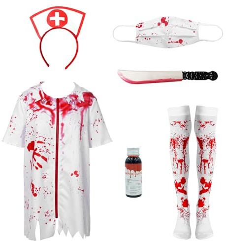 SERTAS Bloody Nurse Costume for Women,Womens Halloween Costumes Adult,NurseCostume with Bloody Machete,Zombie CostumeAdult,Nurse HalloweenCostume,Scary Halloween Costumes (XL)