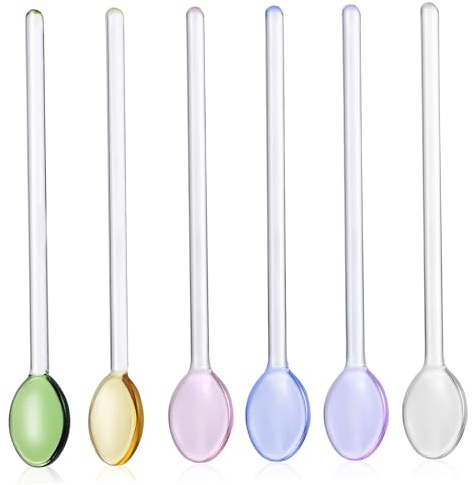 VALICLUD Glass Stirring Spoons and Dessert Spoons Set of 6, Sodium Calcium Glass, Including Green, Purple, Blue, Pink, Gold and, Suitable for Coffee, Tea, Iced Drinks and Honey