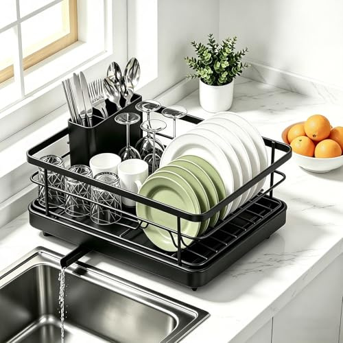 xianxikaitech Large Black Dish Drainer Rack with Utensil Holder and Draining Board - Space Saving Dish Drying Rack for Kitchen Counter.