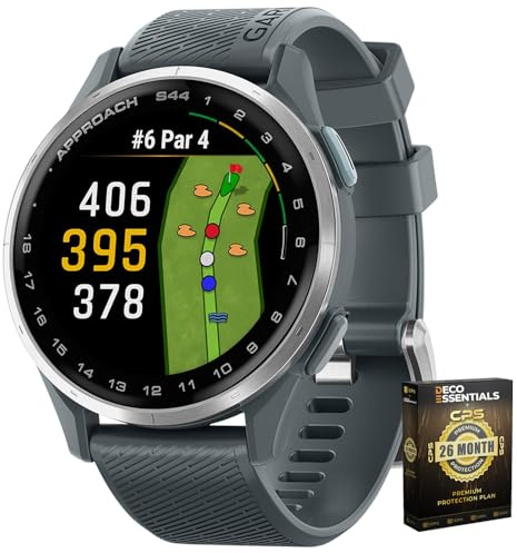 Garmin 010-03009-01 Approach S44 GPS Golf Smartwatch, Silver Aluminum Bezel with Twilight Band Bundle with Deco Essentials Exclusive 26 Month CPS Enhanced Protection Pack